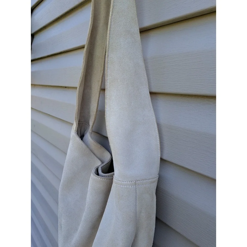 Tweeds Large Ivory Suede Leather Hobo Shoulder‎ Tote Bag Purse Vtg Cotton Lined